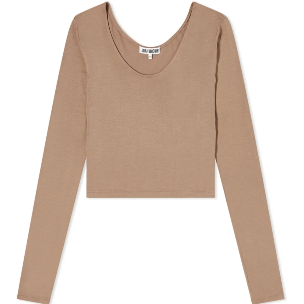 Joah Brown Scoop Neck Long Sleeve Top In Sienna, Light Brown Tan, EUC xs/s - Picture 9 of 12